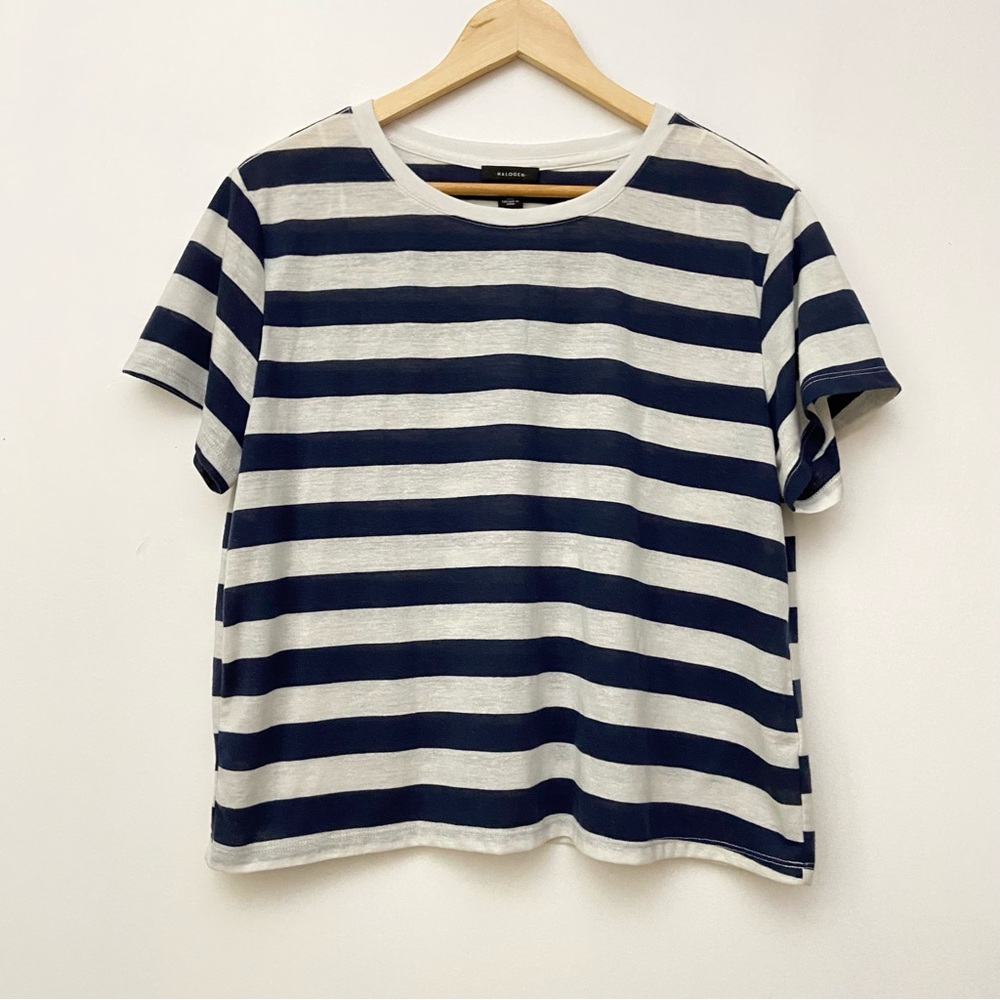 Navy/White Striped Linen Blend T-Shirt